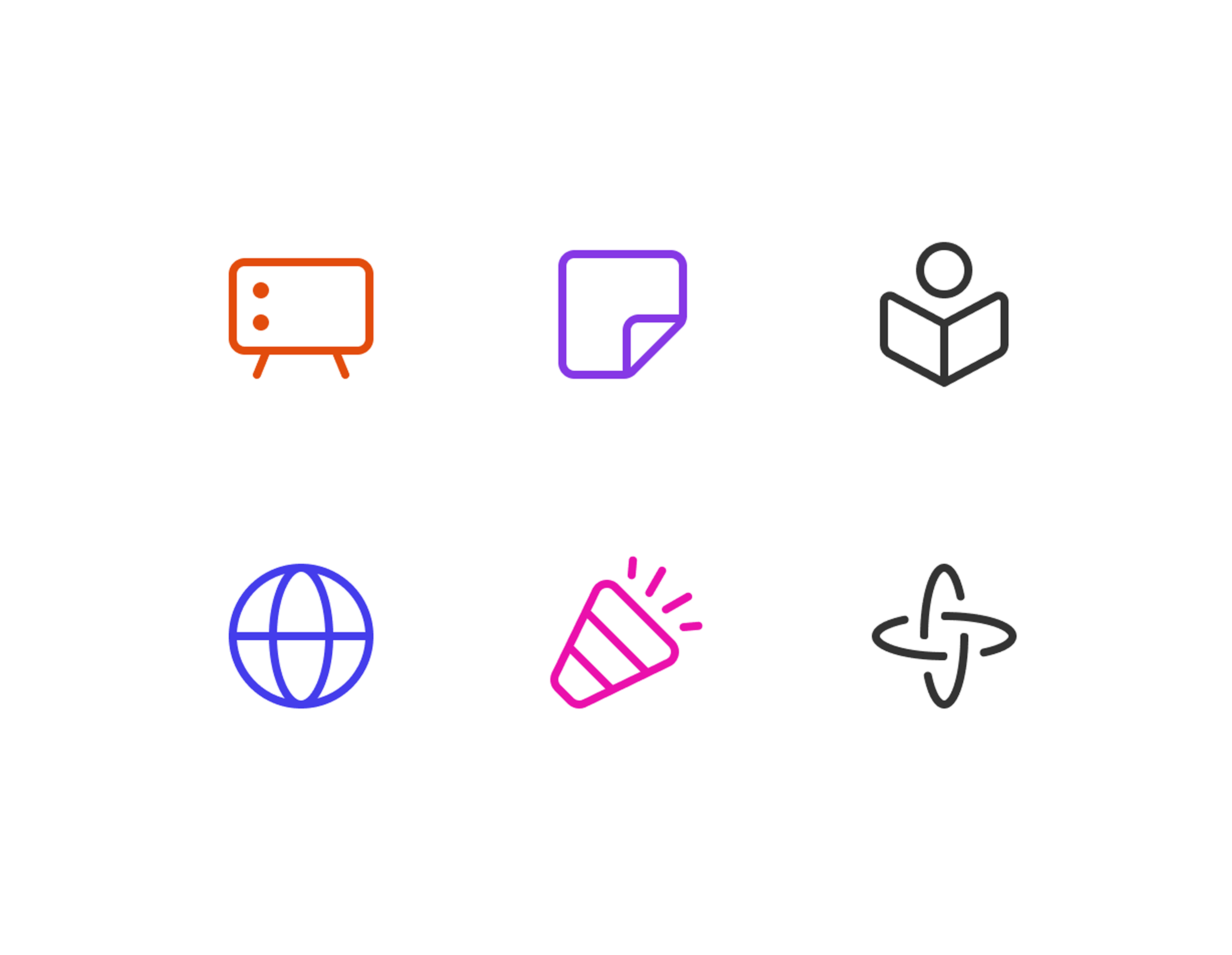A row of Figma icons including a globe, a megaphone, and a book