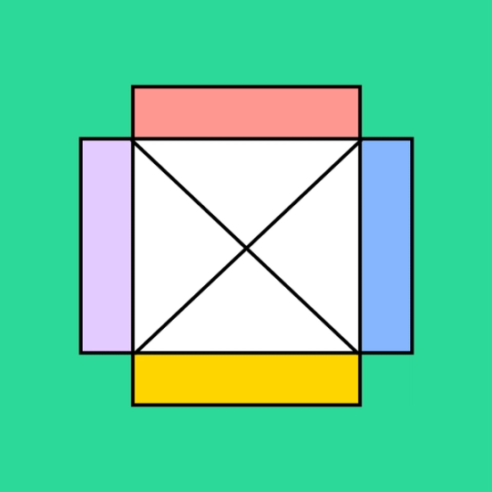 White square an X in the middle and colorful rectangles connected on the sides