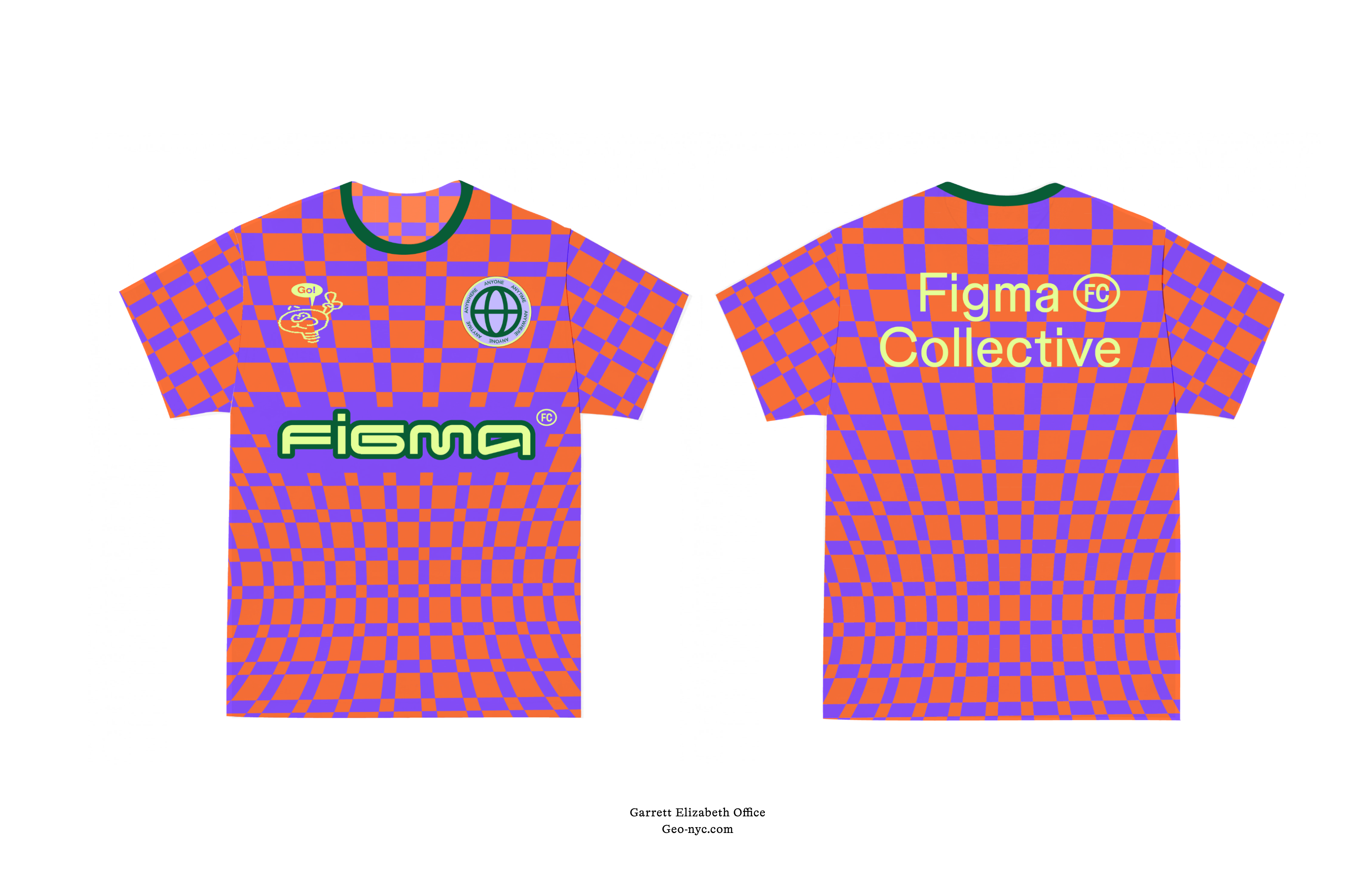 Orange and purple checkered Figma jersey with green logo across chest, circular patches on front, and “Figma Collective” text on back.