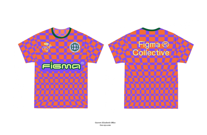 Orange and purple checkered Figma jersey with green logo across chest, circular patches on front, and “Figma Collective” text on back.