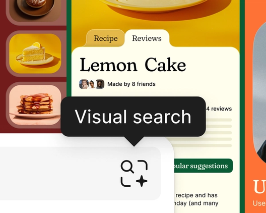 Recipe cards behind a search icon and helper text which reads "Visual search"
