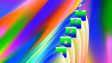 Abstract digital illustration featuring vivid gradients of neon green, electric blue, purple, pink, orange, and yellow. Five stacked geometric shapes resembling stylized windows or cards ascend diagonally from the lower left to the upper right, each paired with a large curved white arch. A small iridescent sphere floats above the top shape. Soft, sweeping bands of color and subtle grain create a luminous, futuristic atmosphere with no text or people.