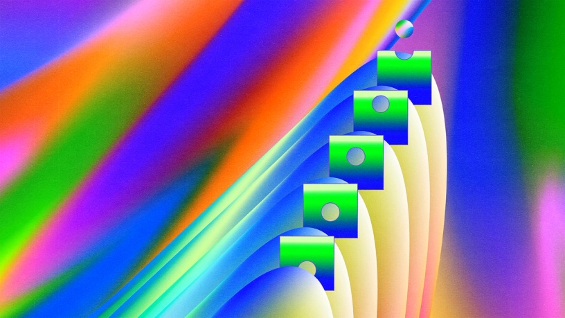 Abstract digital illustration featuring vivid gradients of neon green, electric blue, purple, pink, orange, and yellow. Five stacked geometric shapes resembling stylized windows or cards ascend diagonally from the lower left to the upper right, each paired with a large curved white arch. A small iridescent sphere floats above the top shape. Soft, sweeping bands of color and subtle grain create a luminous, futuristic atmosphere with no text or people.