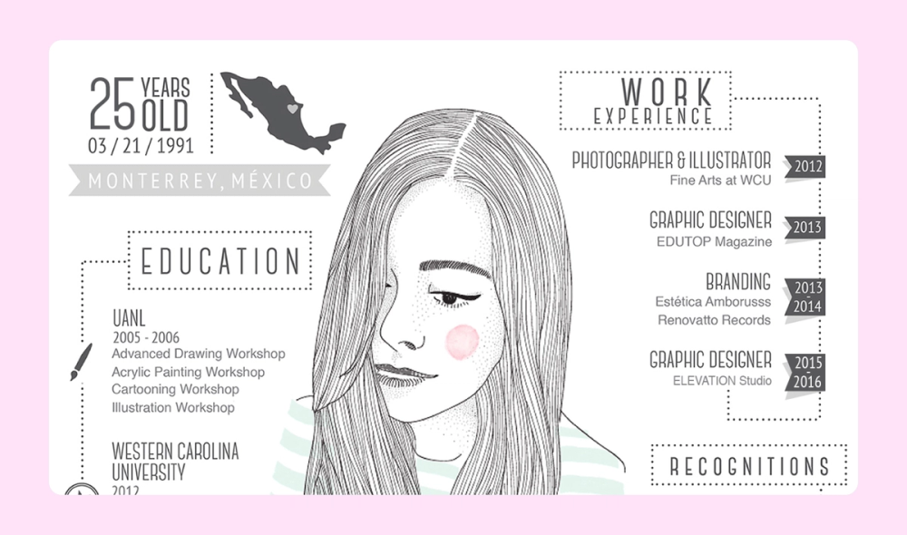 A resume infographic example showcasing the creator’s illustration skills with a self-portrait