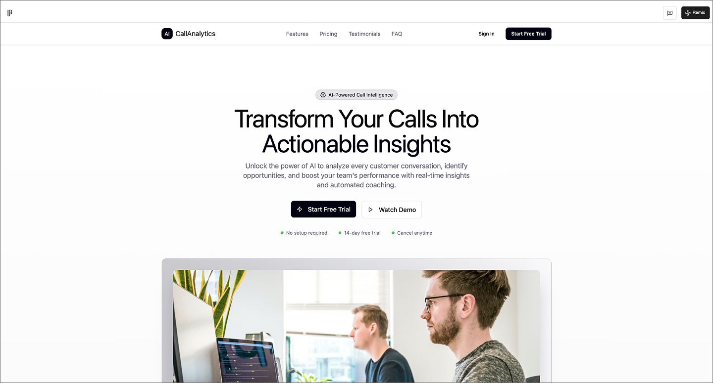 Screenshot of the AI call analytics SaaS landing page, created using Figma Make.