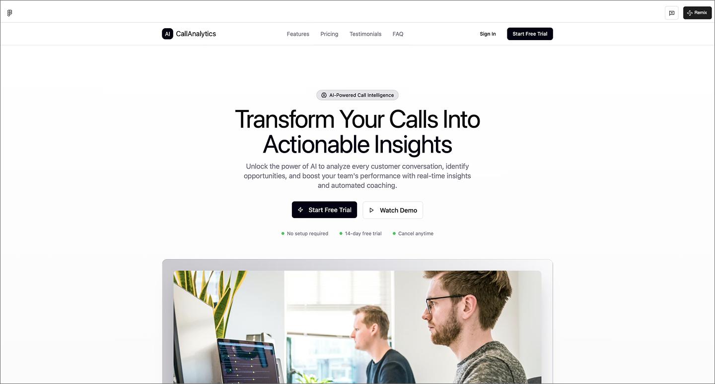 Screenshot of the AI call analytics SaaS landing page, created using Figma Make.