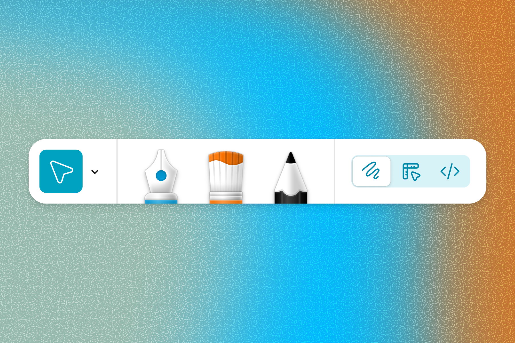 A horizontal digital toolbar with drawing tool icons is overlaid on a textured background blending teal, blue, and orange.
