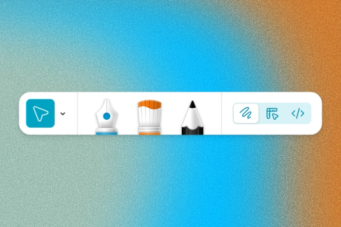 A horizontal digital toolbar with drawing tool icons is overlaid on a textured background blending teal, blue, and orange.