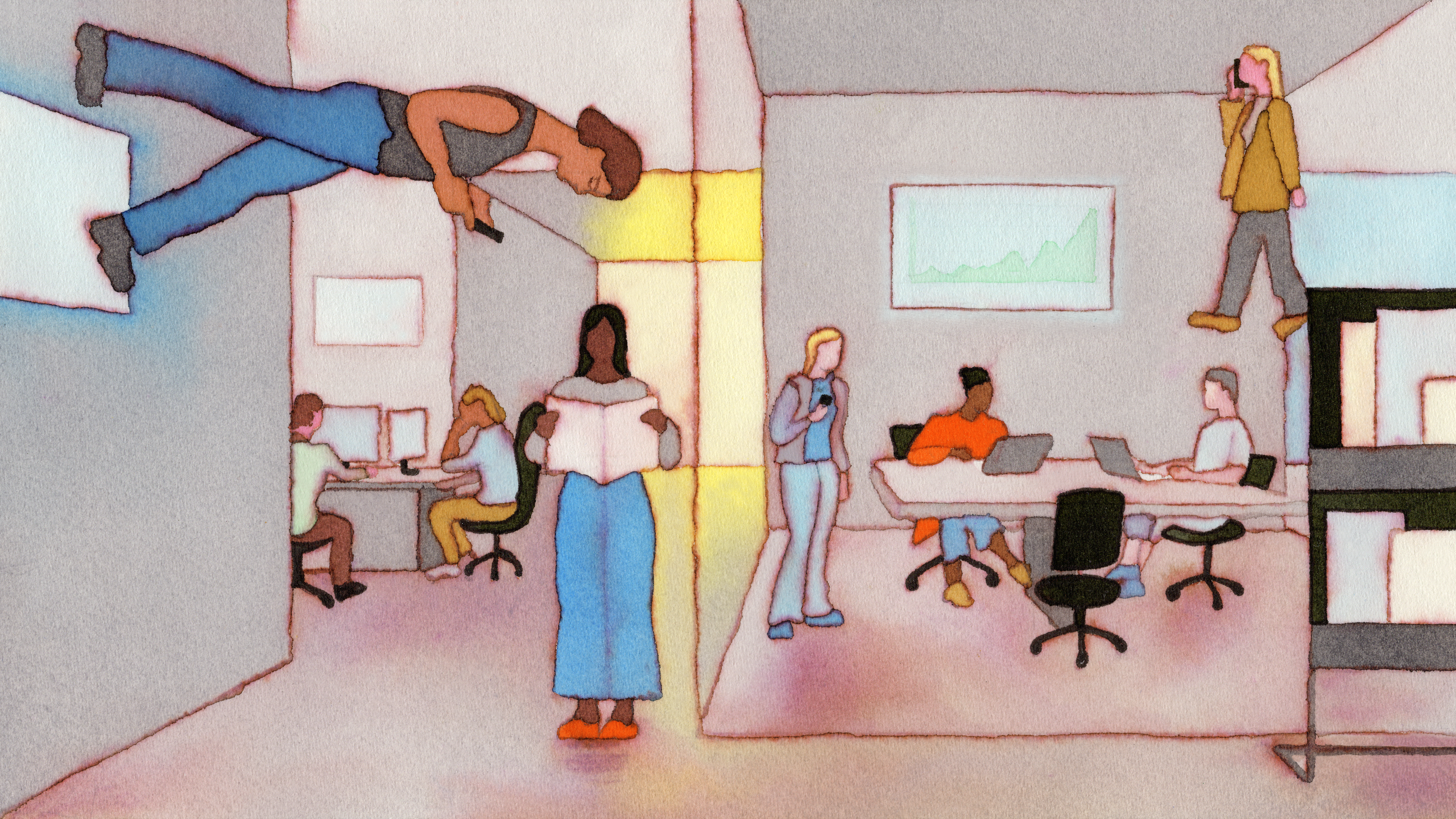 An illustration of a news office with people walking and meeting in glass-walled conference rooms
