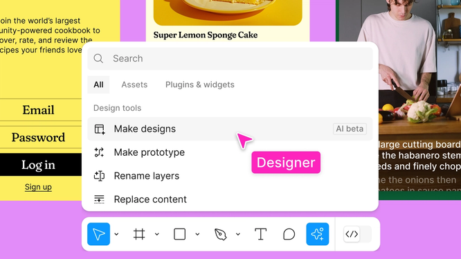 The Figma Actions panel has a dropdown menu that says "Make designs," "Make prototype," "Rename layers," and "Replace conte