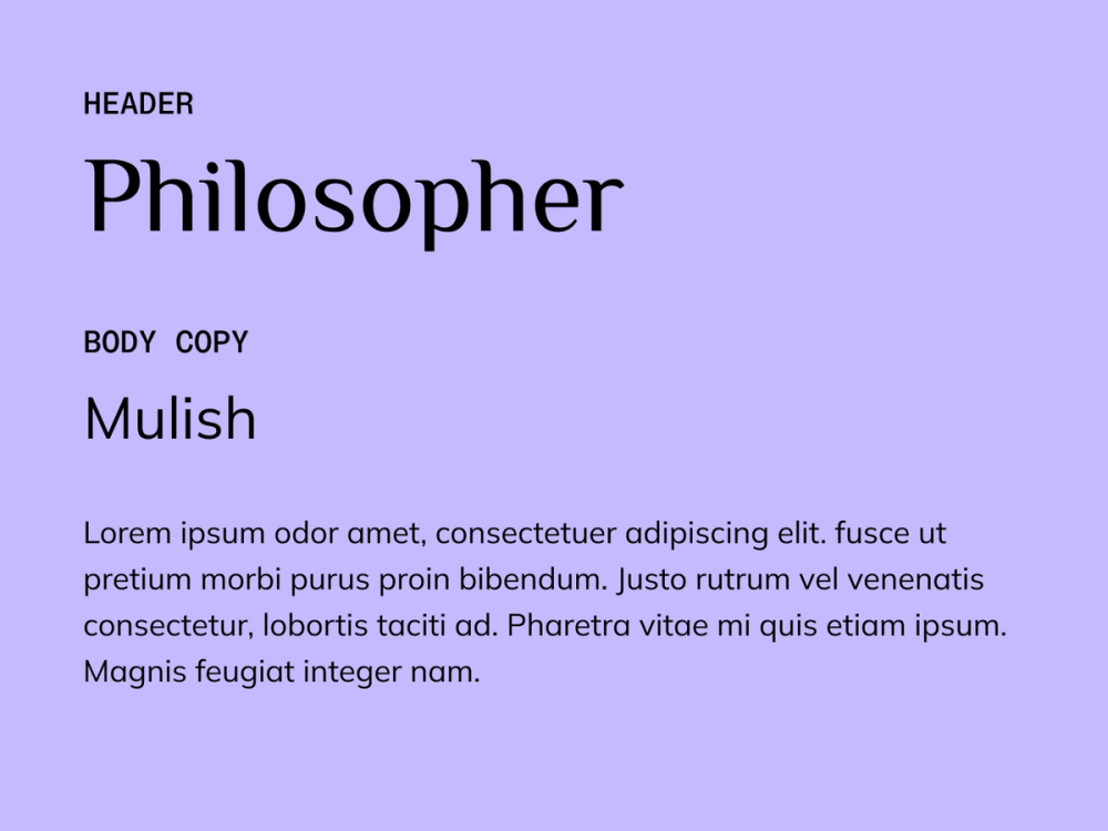 Example text showing Philosopher and Mulish as a font pairing.