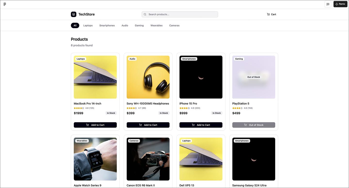 Screenshot of the e-commerce product listing application, created using Figma Make.