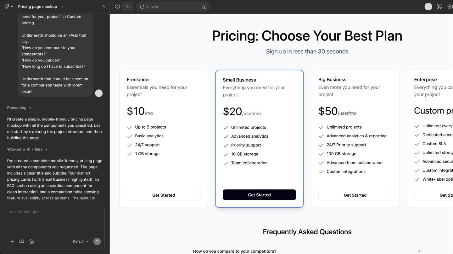 A pricing page created using Figma Make, showing the prompt and the result.