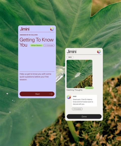 Therapy app showing completed session and "Getting To Know You" exercise.