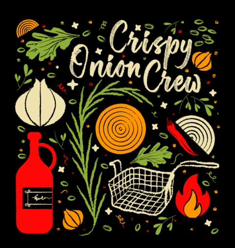 Eine Illustration mit einem Pinseleffekt-Text, der „Crispy Onion Crew“ liest, umgeben von Kräutern, Zwiebeln, Knoblauch, Olivenöl, einer Flamme und anderen Elementen