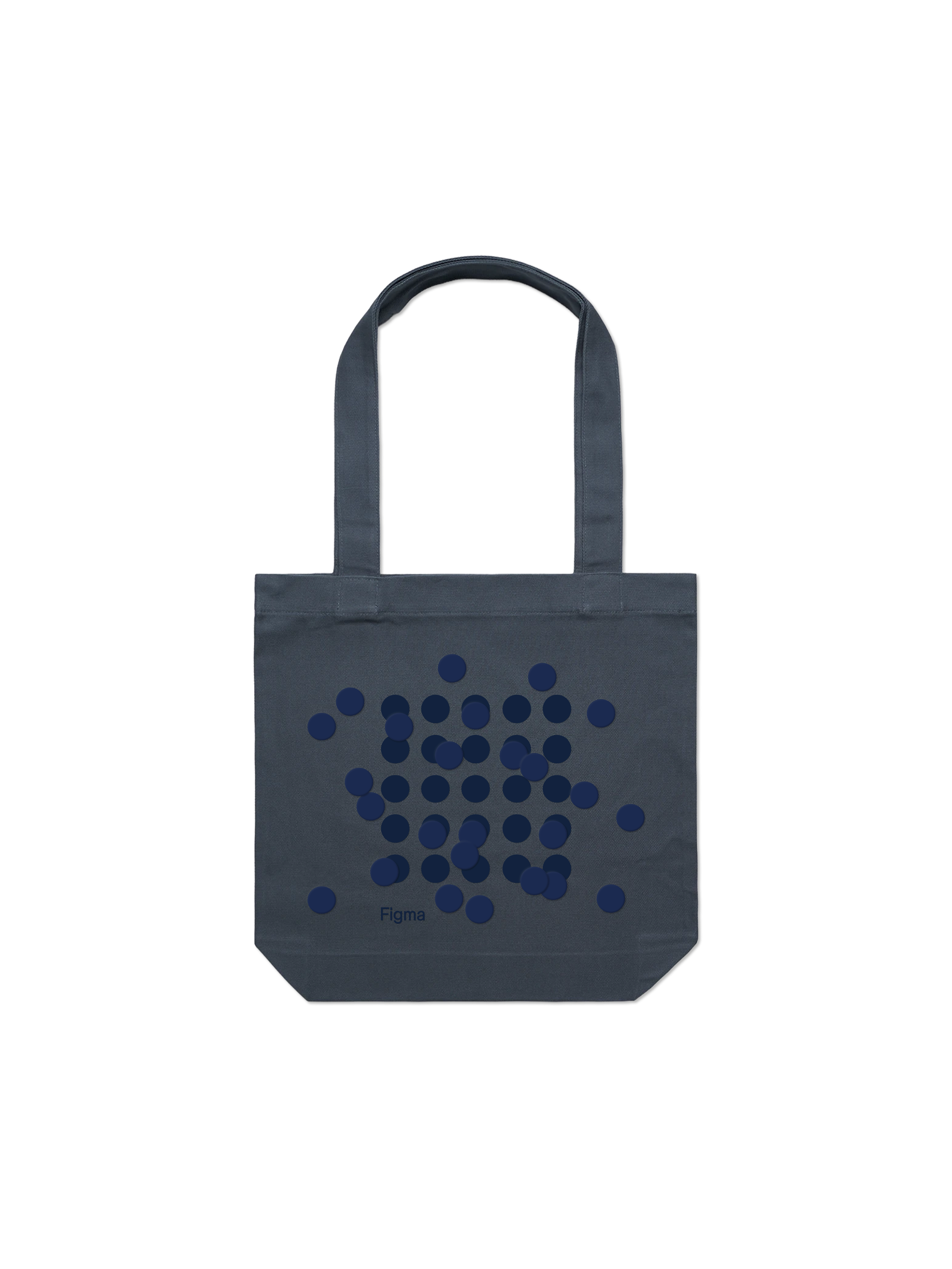 Dark blue circles of varying sizes scattered in a loose cluster on a dark gray tote bag with the Figma logo