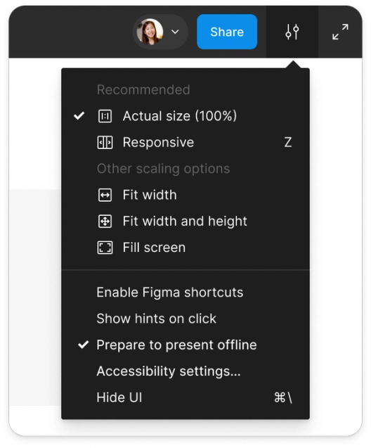 A UX screenshot shows a dropdown menu with "Prepare to present offline" selected with a checkmark