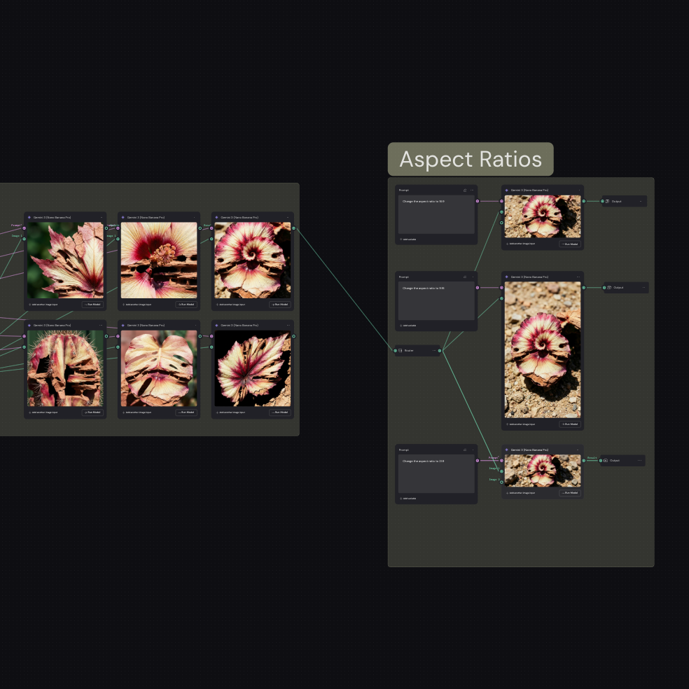 A Figma Weave canvas showing workflow two—six variations of a distorted hibiscus flower generated from a combined style, connected by nodes to an aspect ratio section that outputs the same image in three different formats.