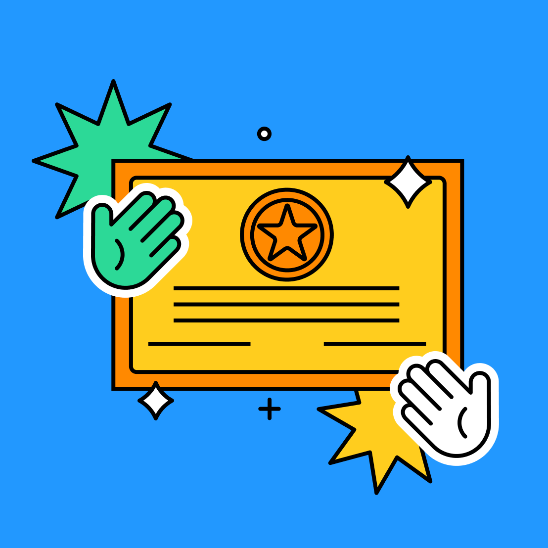 congratulations certificate with starburst and waving emojis