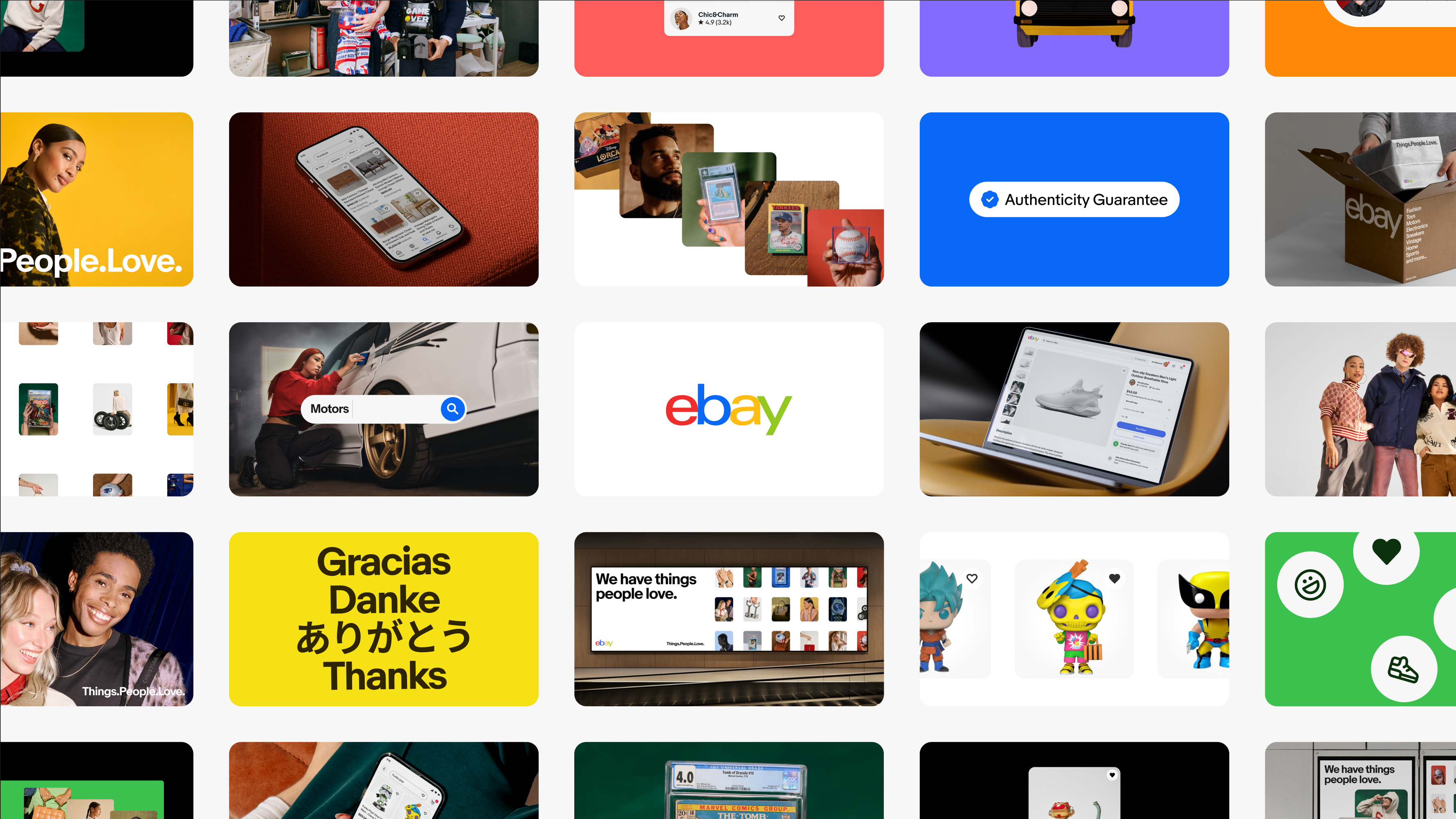A collage of various eBay brand assets and interface elements, including the eBay logo, product listings, the "Authenticity Guarantee" badge, a thank-you message in multiple languages, and user interface components, all arranged in a grid-like format.
