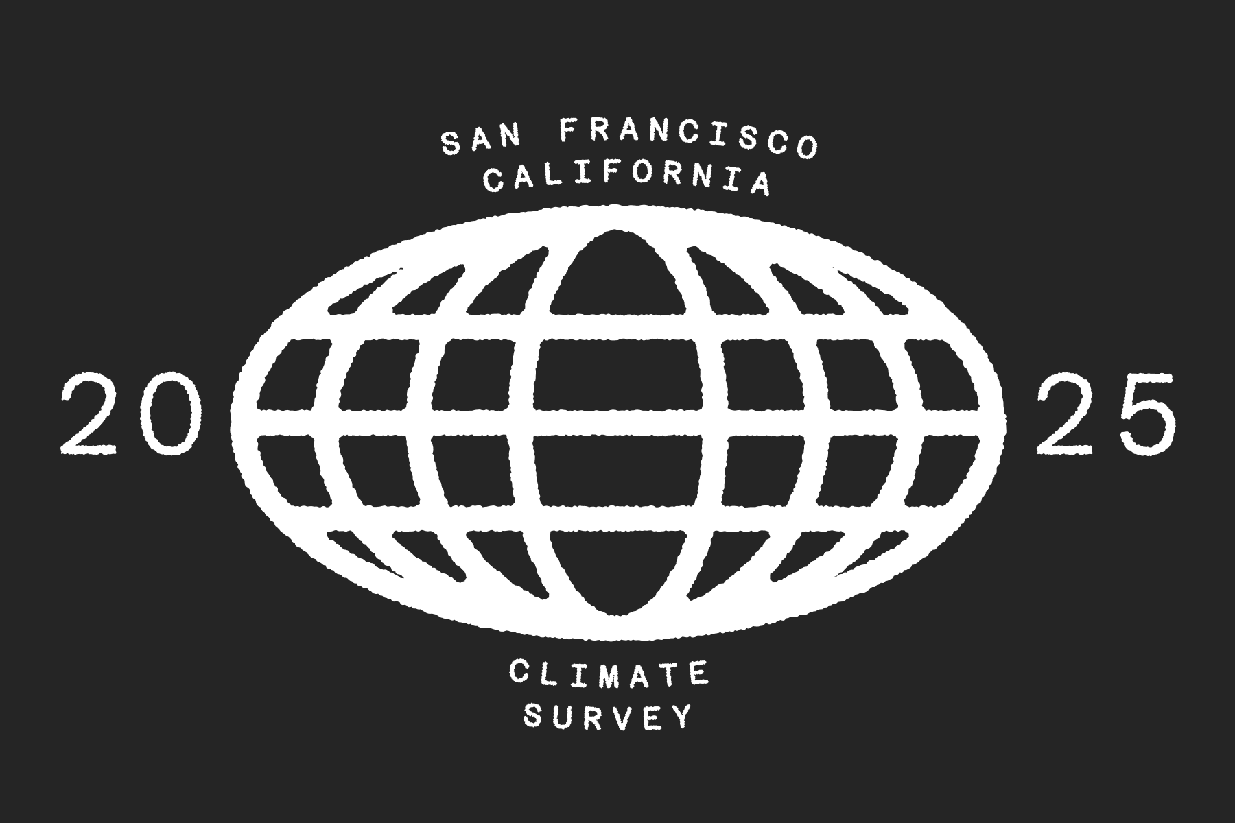 A graphic of a white globe grid and the text "SAN FRANCISCO CALIFORNIA CLIMATE SURVEY 2025" appears on a black background.