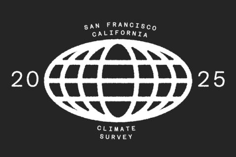 Auf schwarzem Hintergrund erscheint eine Grafik eines weißen Globusrasters mit dem Text "SAN FRANCISCO CALIFORNIA CLIMATE SURVEY 2025".