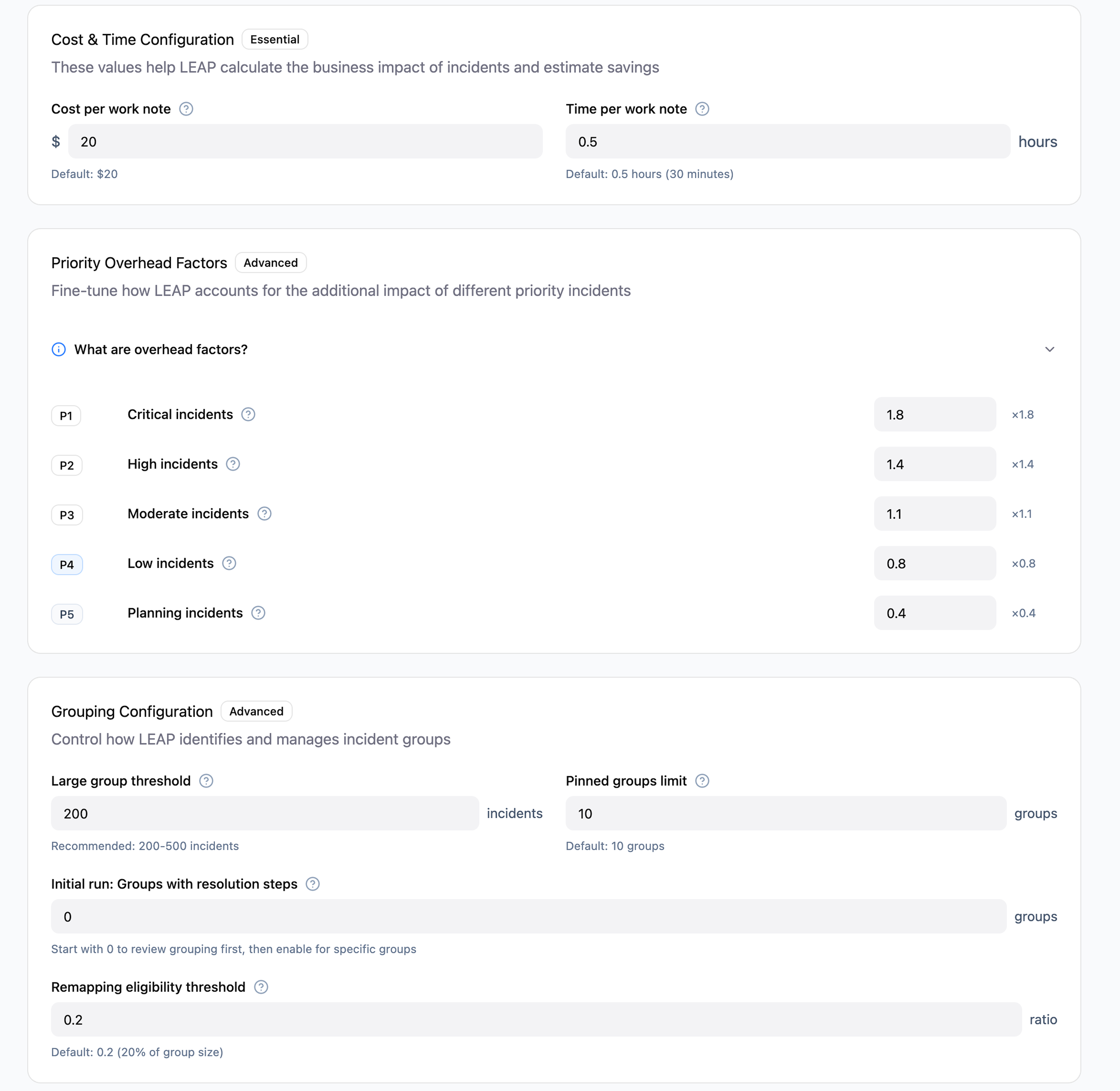 ServiceNow LEAP Settings page showing configurable cost, time, priority multipliers, and incident grouping options with Save Changes controls.
