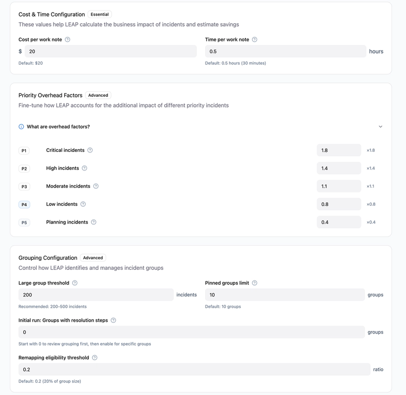 ServiceNow LEAP Settings page showing configurable cost, time, priority multipliers, and incident grouping options with Save Changes controls.