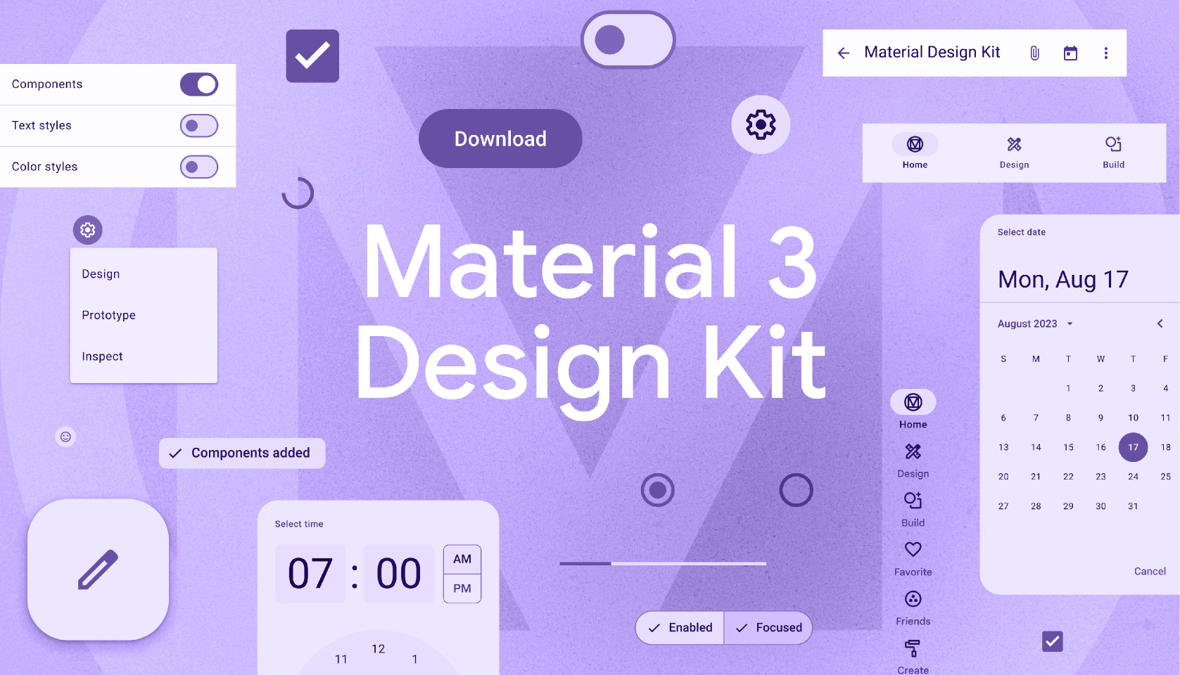 A vibrant purple-themed design kit featuring toggles, buttons, and calendar UI elements, showcasing Material Design's customization capabilities.
