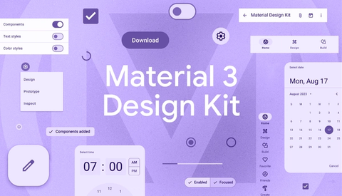 A vibrant purple-themed design kit featuring toggles, buttons, and calendar UI elements, showcasing Material Design's customization capabilities.
