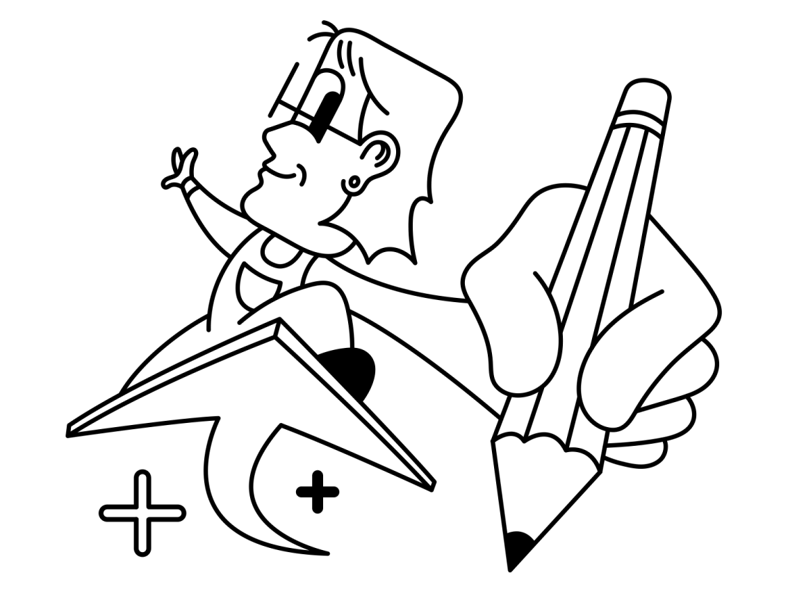 A person rides an arrow like a surfboard, reaching toward the viewer with a pencil in hand.