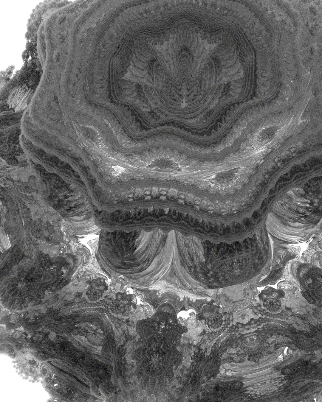Black and white abstract image displaying intricate rippled patterns resembling geological formations with concentric layers and fluid-like textures.
