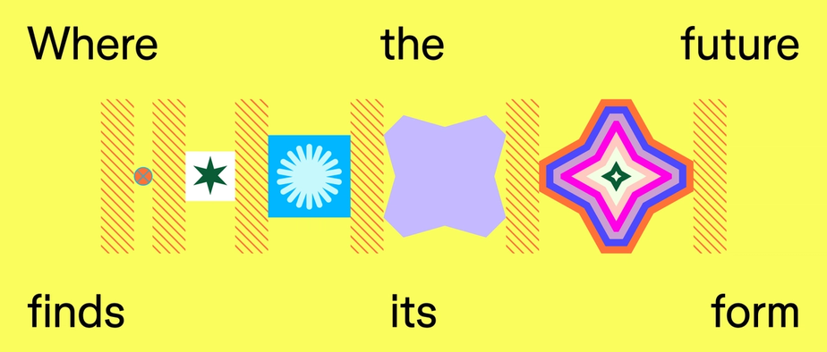 Bright starburst shapes interspersed with hatch marks are spaced over a bright yellow background. Text across the top and bottom reads "Where the future finds its form"