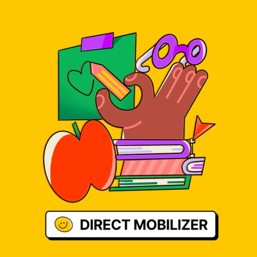 A large hand holding a pencil between its index finger and thumb, drawing a heart shape on a piece of paper with a strip of tape holding it up. A pair of glasses, an apple, and a stack of books surround the hand.