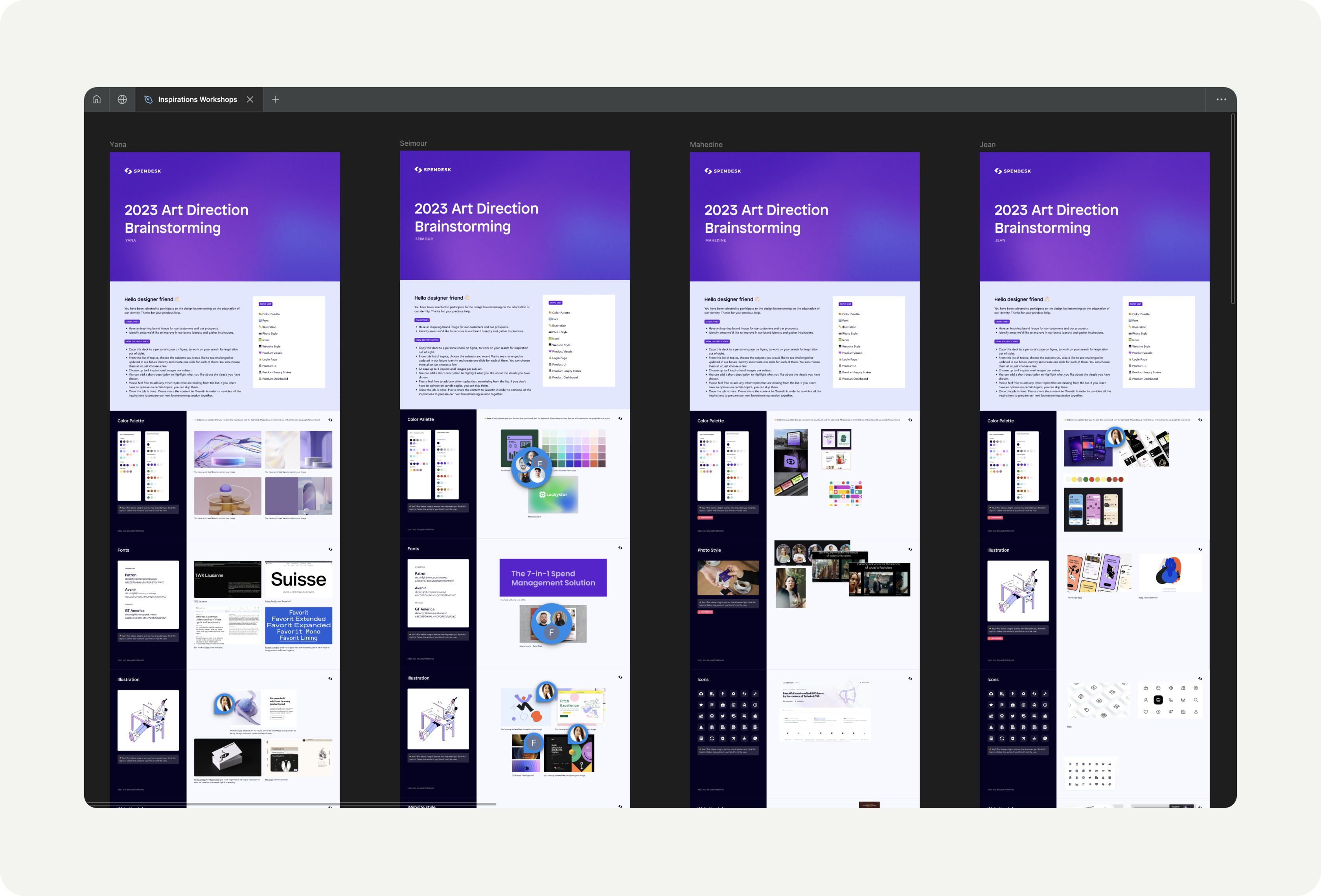 Screenshot showing Figma's interface with the different stages of Spendesk's brainstorming process for redesigning its brand identity.