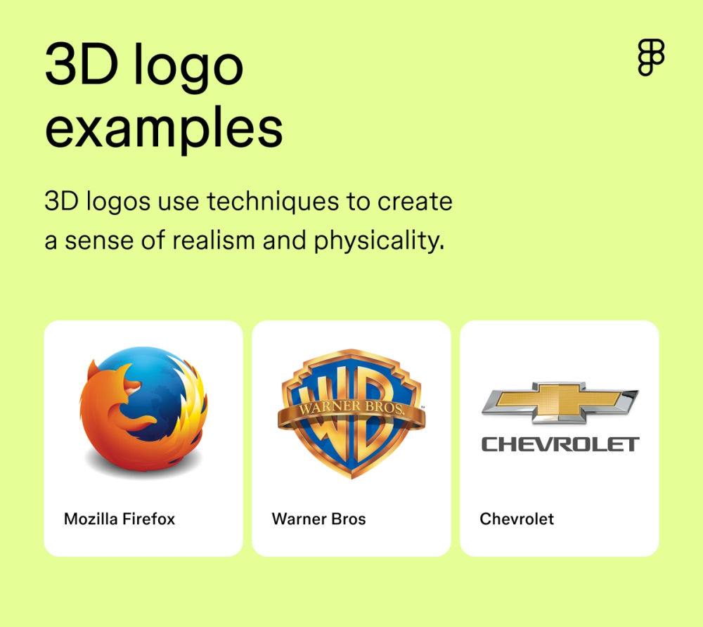 Definition and examples of 3D logos, including Mozilla Firefox, Warner Bros, and Chevrolet.