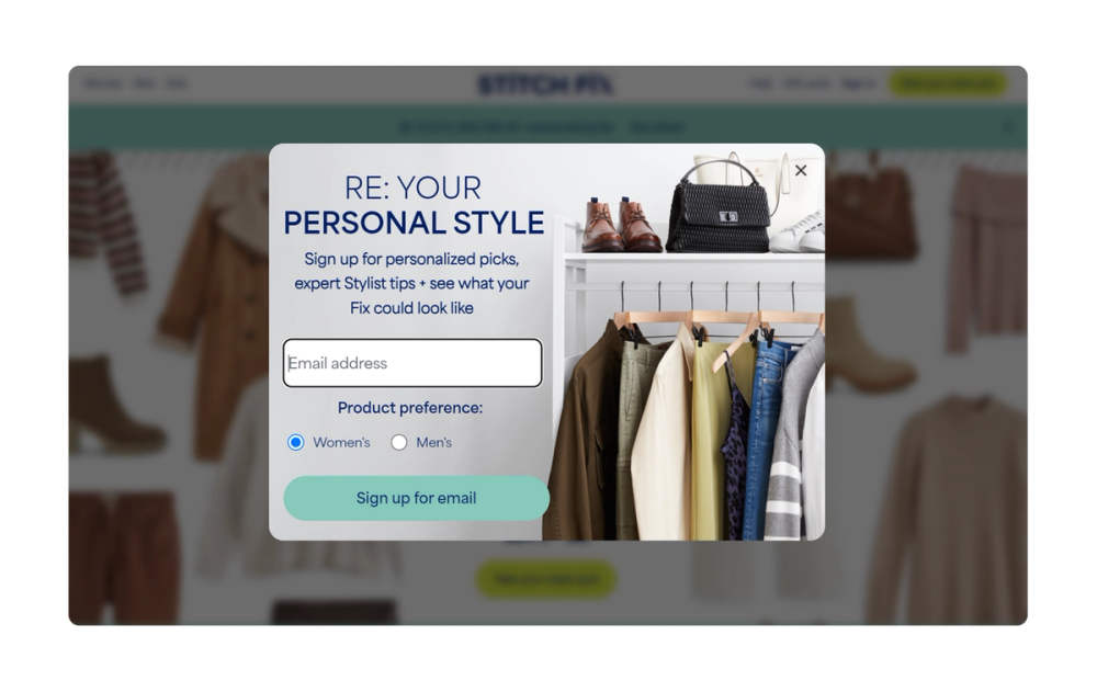 Stitch Fix CTA including pop-up Sign up for email.