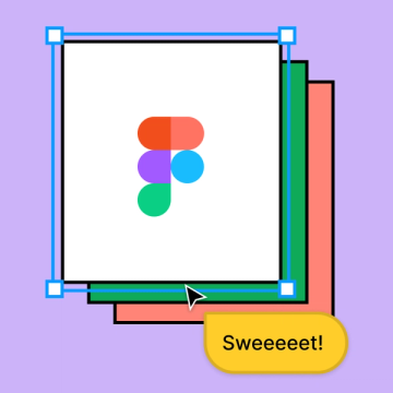 The Figma logo on a multi-color background, with a yellow cursor chat that says “Sweeeeet!”