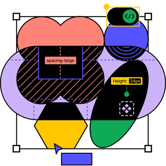 Formen und Symbole für den Dev Mode von Figma, darunter die Schaltfläche zum Umschalten zum Dev Mode, ein CSS-Box-Modell, das Cursor-Chat-Tool, Abmessungen und Begrenzungsrahmen.