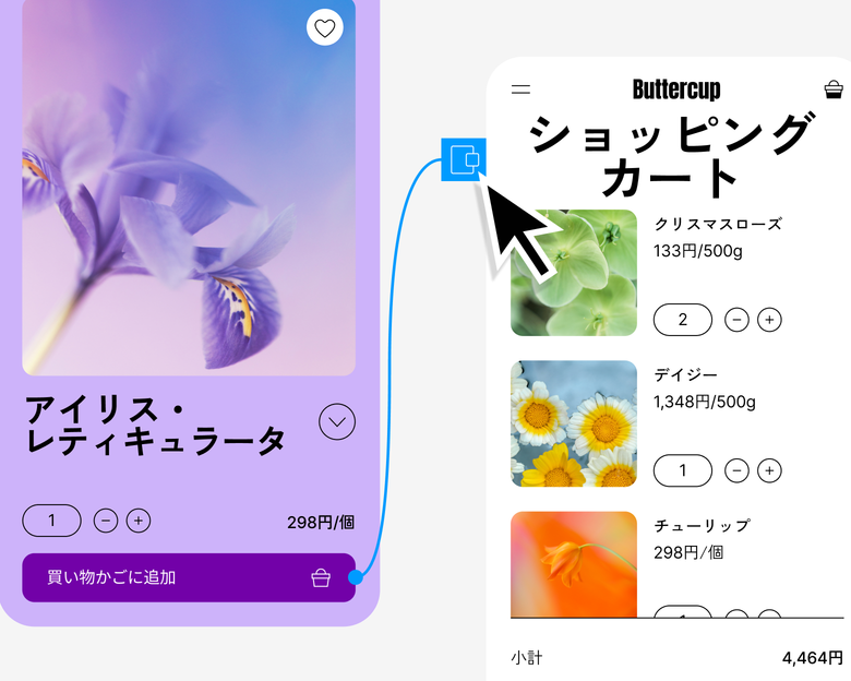 プロトタイプヌードルを「買い物かごに追加」ボタンコンポーネントから「ショッピングカート」ページに接続しているカーソル。