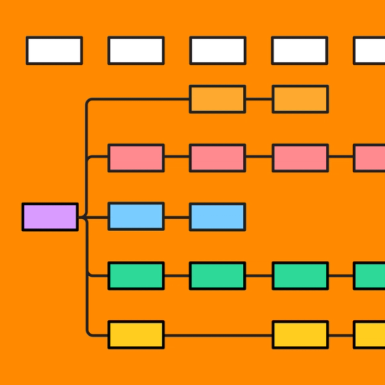 colorful rectangles connected by lines underneath five white rectangles