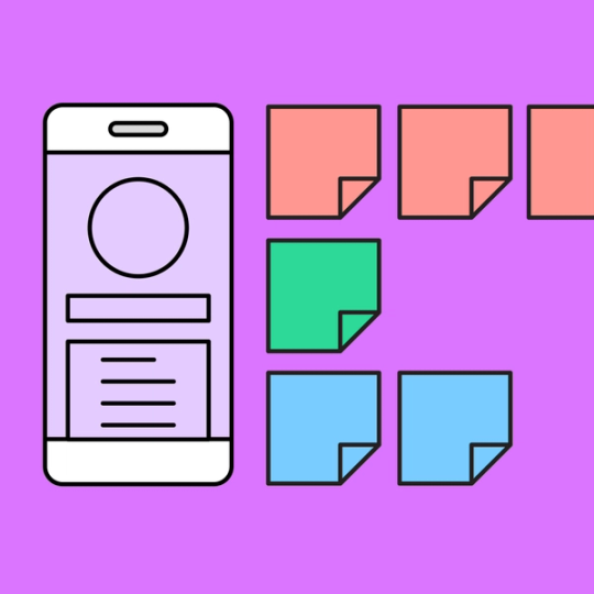 iphone mockup next to three colorful rows of sticky notes