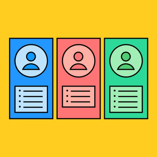 blue, red and green documents with user symbols and bullet points on top of each document