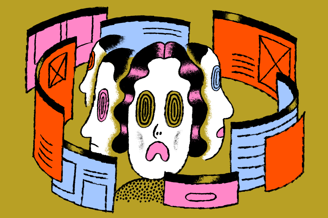 A series of open tabs spins around the head of a distressed person