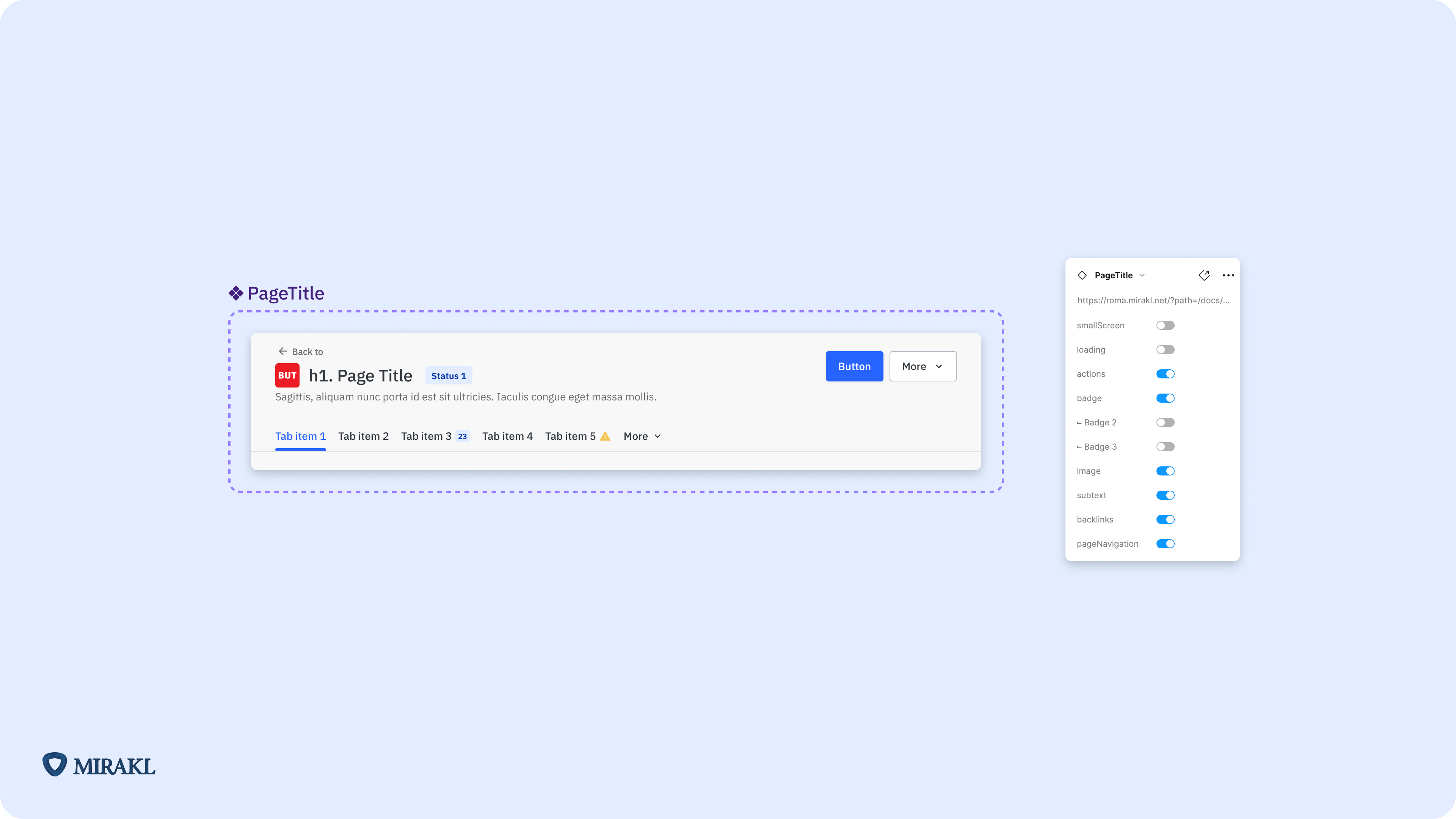 Image à fond bleu pâle présentant un composant de l’interface de Mirakl à gauche, et les paramètres de ce composant à droite. Un logo Mirakl se trouve en bas à gauche de l’image.