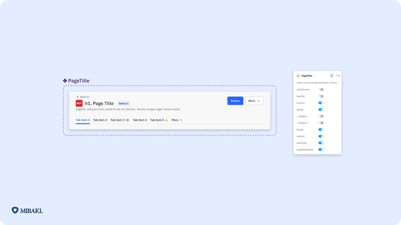Image à fond bleu pâle présentant un composant de l’interface de Mirakl à gauche, et les paramètres de ce composant à droite. Un logo Mirakl se trouve en bas à gauche de l’image.