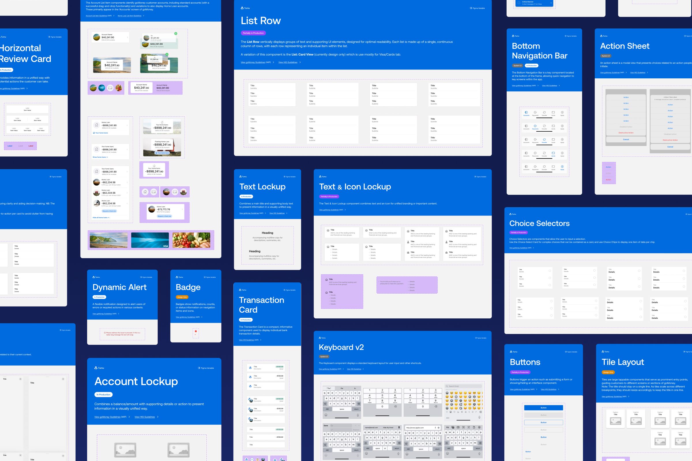 various screens with design system components and elements