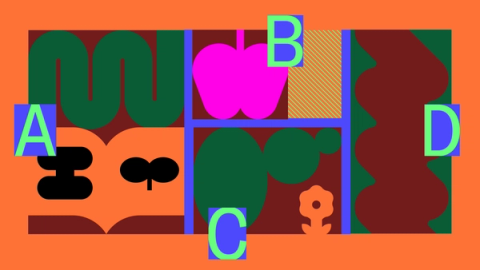 Conception graphique colorée avec des formes abstraites, les lettres A-B-C-D, et des arbres stylisés sur un fond orange vif.