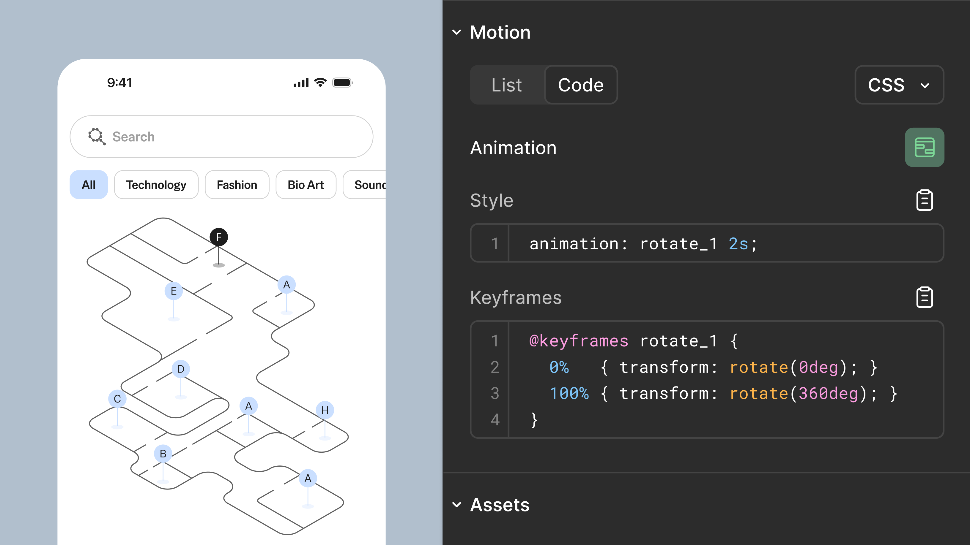 Split-screen interface showing a wireframe-style map design on the left and a code panel on the right. The code panel displays CSS animation output, including an animation declaration and corresponding keyframes that rotate an element from 0 to 360 degrees. The interface demonstrates exporting motion designs as production-ready code.