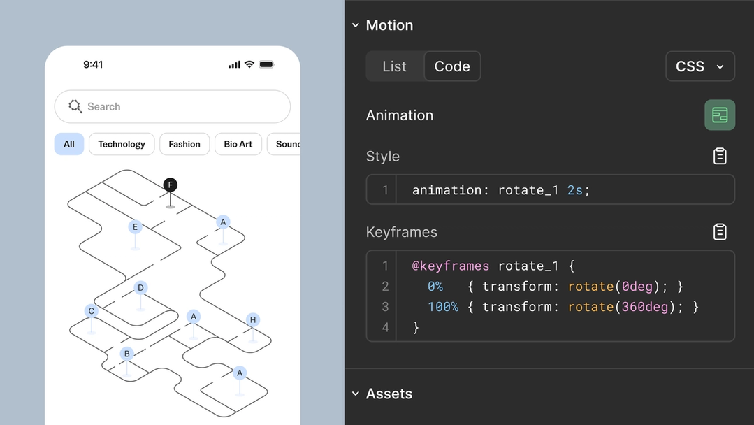 Split-screen interface showing a wireframe-style map design on the left and a code panel on the right. The code panel displays CSS animation output, including an animation declaration and corresponding keyframes that rotate an element from 0 to 360 degrees. The interface demonstrates exporting motion designs as production-ready code.